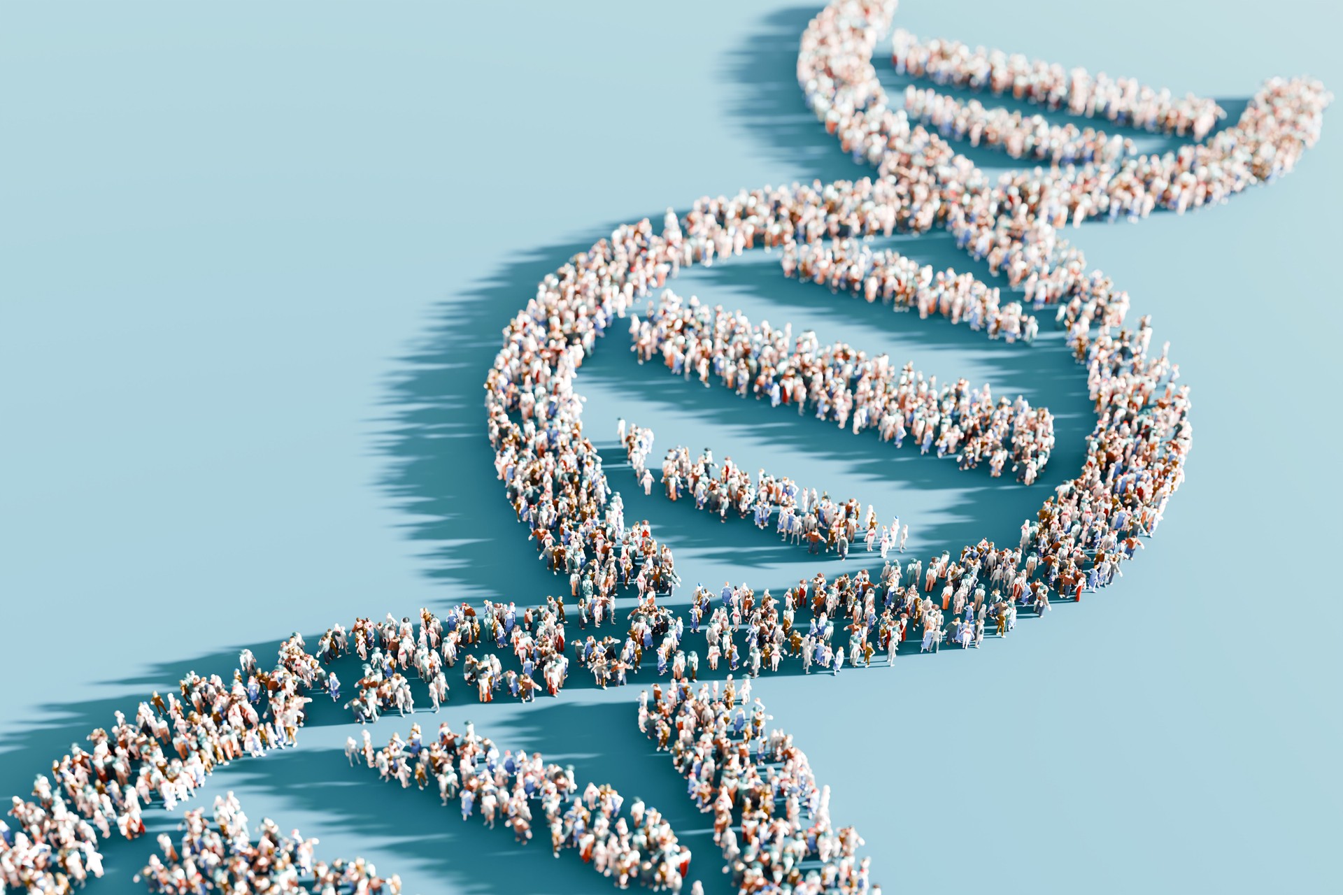 DNA double helix structure composed of human figures on a blue background with copy space. Public health and population genetics concept DNA double helix structure composed of human figures on a blue background with copy space. Public health and population genetics concept